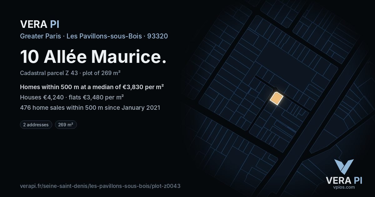 10 Allée Maurice, Les Pavillons-sous-Bois at night – the plot lit, the parcels around coloured by the prices near them