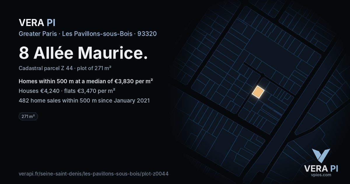 8 Allée Maurice, Les Pavillons-sous-Bois at night – the plot lit, the parcels around coloured by the prices near them