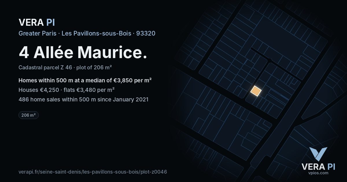 4 Allée Maurice, Les Pavillons-sous-Bois at night – the plot lit, the parcels around coloured by the prices near them