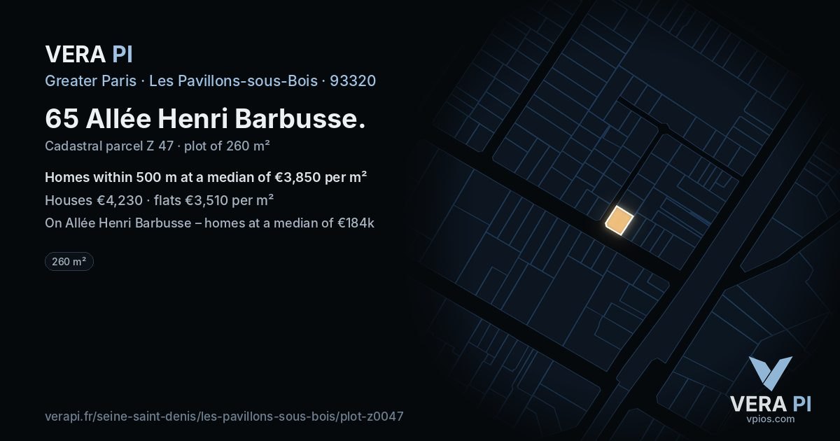 65 Allée Henri Barbusse, Les Pavillons-sous-Bois at night – the plot lit, the parcels around coloured by the prices near them