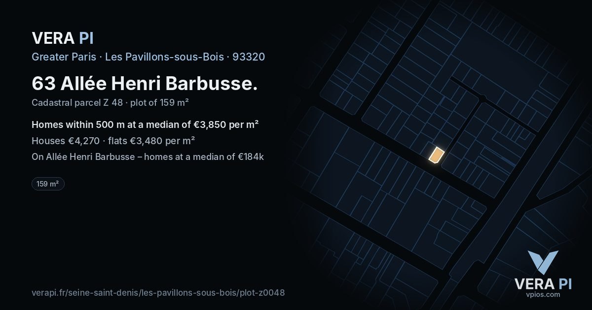63 Allée Henri Barbusse, Les Pavillons-sous-Bois at night – the plot lit, the parcels around coloured by the prices near them