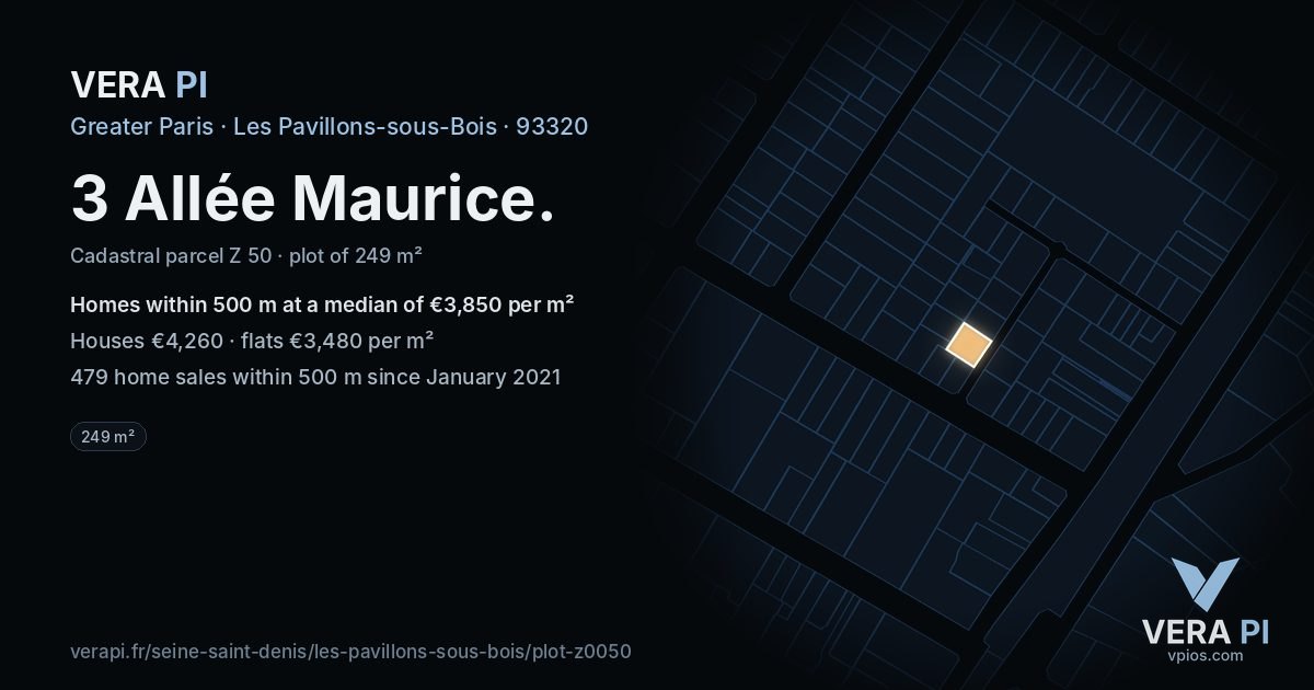 3 Allée Maurice, Les Pavillons-sous-Bois at night – the plot lit, the parcels around coloured by the prices near them