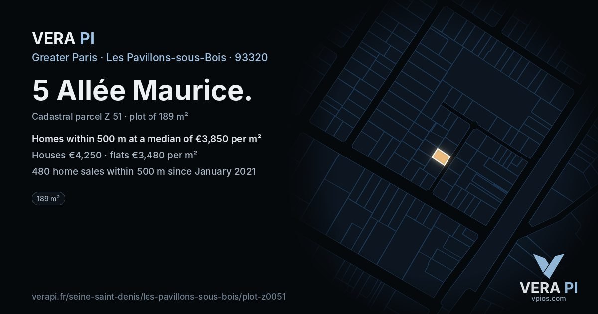 5 Allée Maurice, Les Pavillons-sous-Bois at night – the plot lit, the parcels around coloured by the prices near them
