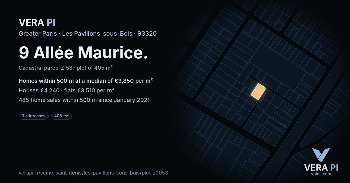 9 Allée Maurice, Les Pavillons-sous-Bois at night – the plot lit, the parcels around coloured by the prices near them