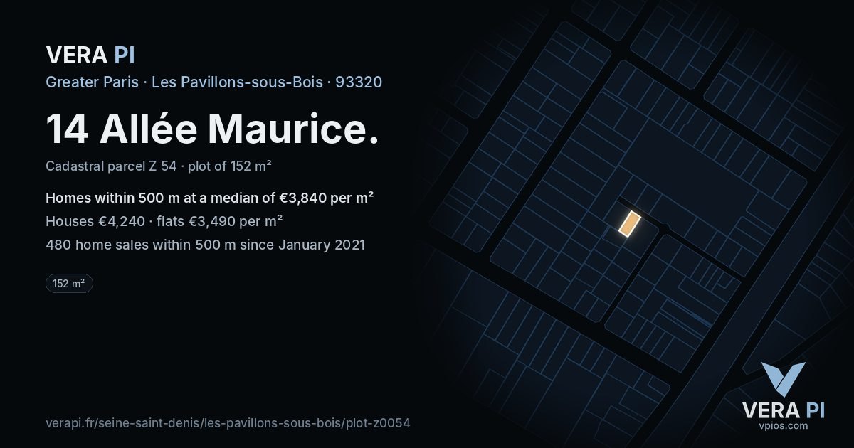 14 Allée Maurice, Les Pavillons-sous-Bois at night – the plot lit, the parcels around coloured by the prices near them