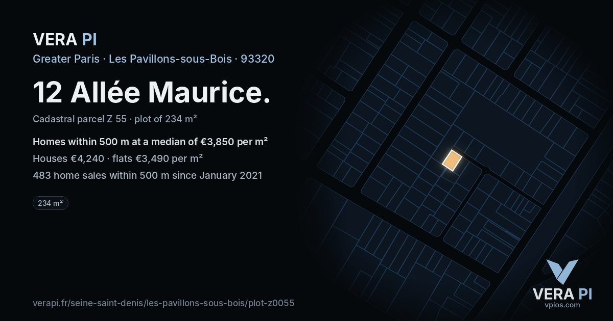 12 Allée Maurice, Les Pavillons-sous-Bois at night – the plot lit, the parcels around coloured by the prices near them