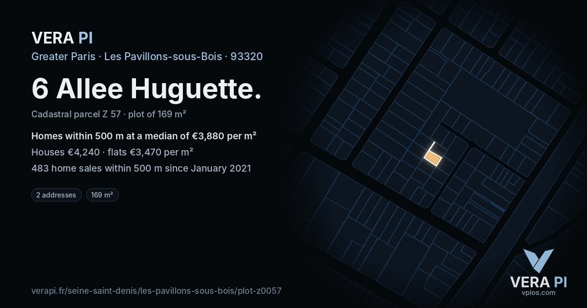 6 Allee Huguette, Les Pavillons-sous-Bois at night – the plot lit, the parcels around coloured by the prices near them