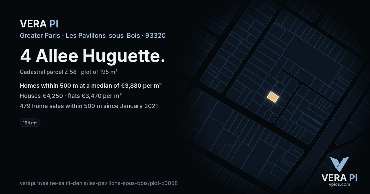 4 Allee Huguette, Les Pavillons-sous-Bois at night – the plot lit, the parcels around coloured by the prices near them