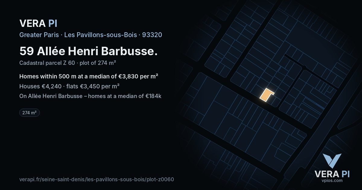 59 Allée Henri Barbusse, Les Pavillons-sous-Bois at night – the plot lit, the parcels around coloured by the prices near them