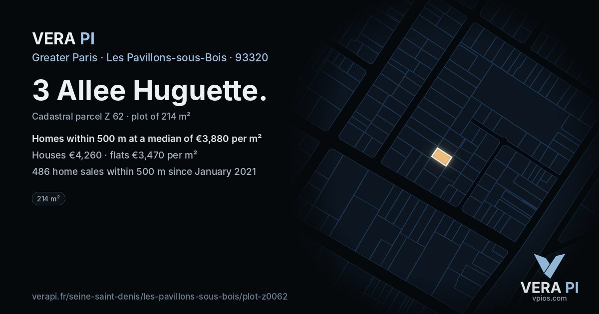 3 Allee Huguette, Les Pavillons-sous-Bois at night – the plot lit, the parcels around coloured by the prices near them