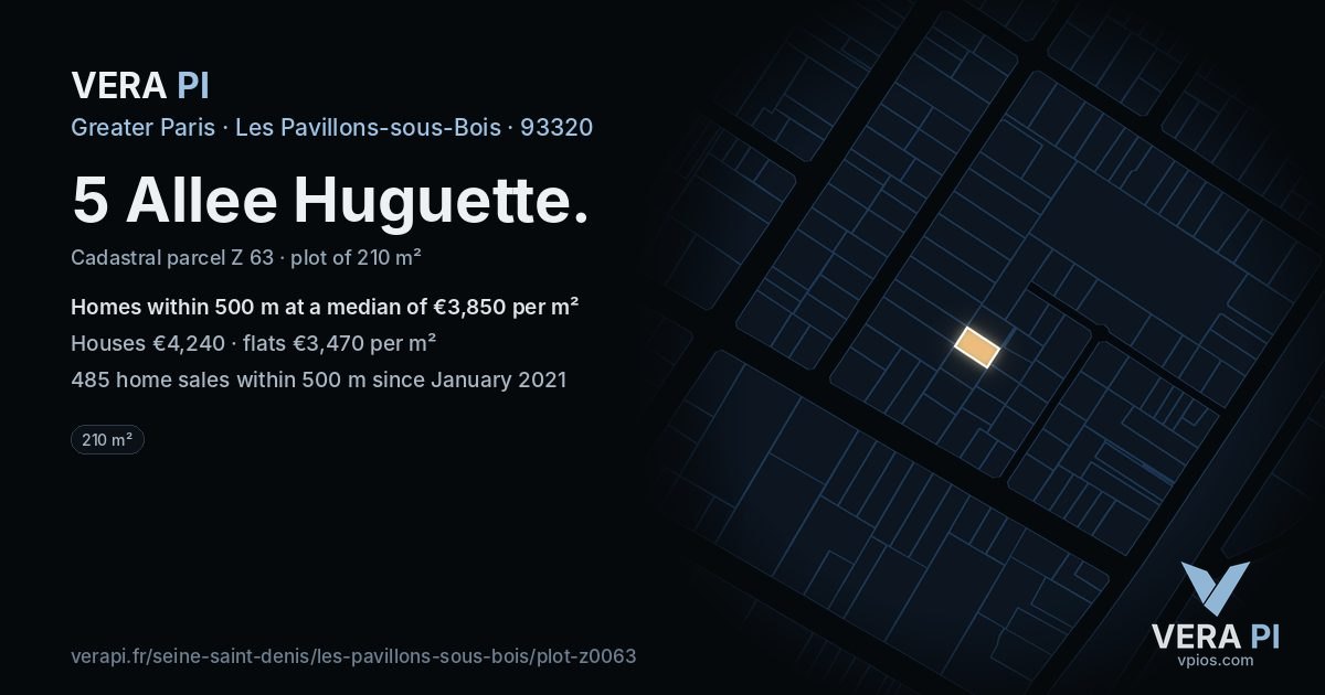 5 Allee Huguette, Les Pavillons-sous-Bois at night – the plot lit, the parcels around coloured by the prices near them
