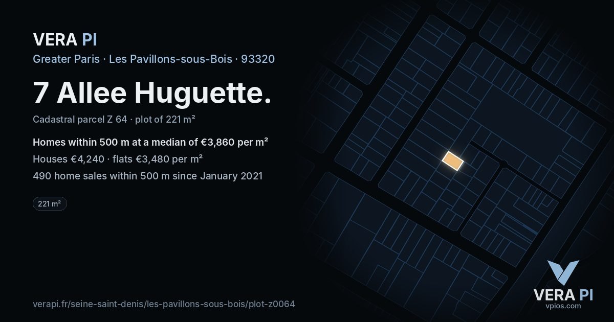 7 Allee Huguette, Les Pavillons-sous-Bois at night – the plot lit, the parcels around coloured by the prices near them