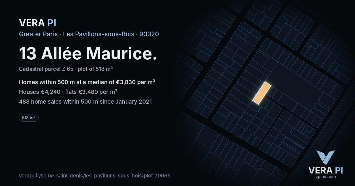 13 Allée Maurice, Les Pavillons-sous-Bois at night – the plot lit, the parcels around coloured by the prices near them