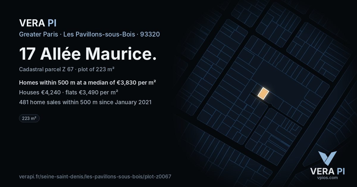 17 Allée Maurice, Les Pavillons-sous-Bois at night – the plot lit, the parcels around coloured by the prices near them
