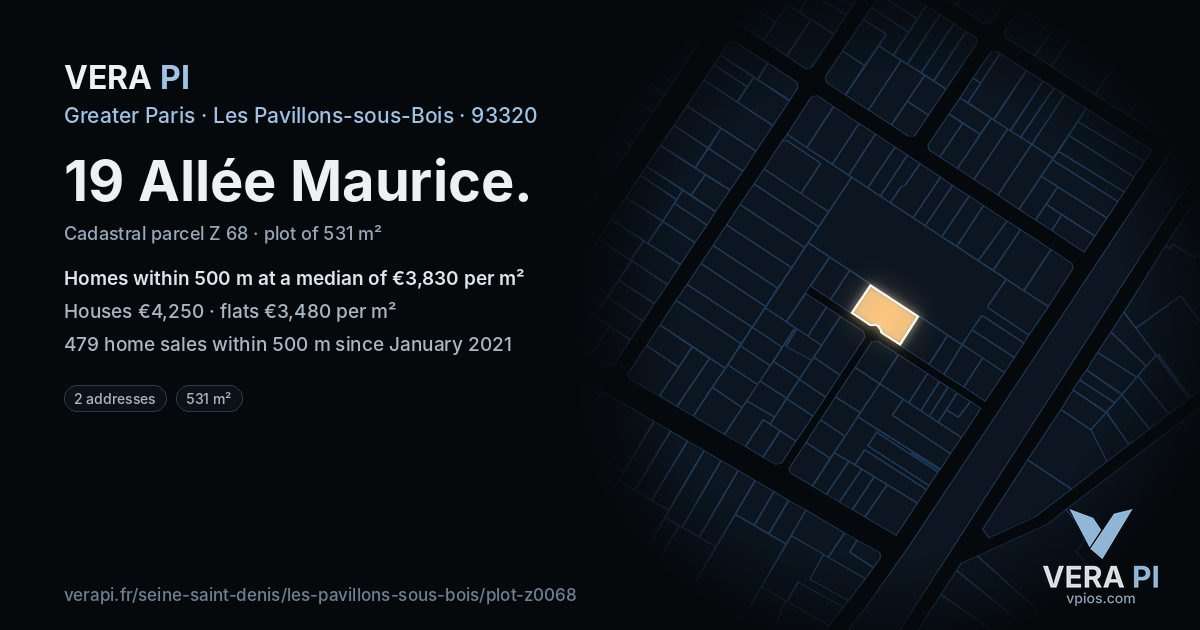 19 Allée Maurice, Les Pavillons-sous-Bois at night – the plot lit, the parcels around coloured by the prices near them