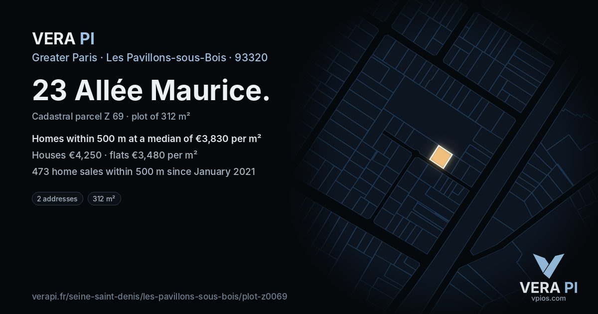 23 Allée Maurice, Les Pavillons-sous-Bois at night – the plot lit, the parcels around coloured by the prices near them