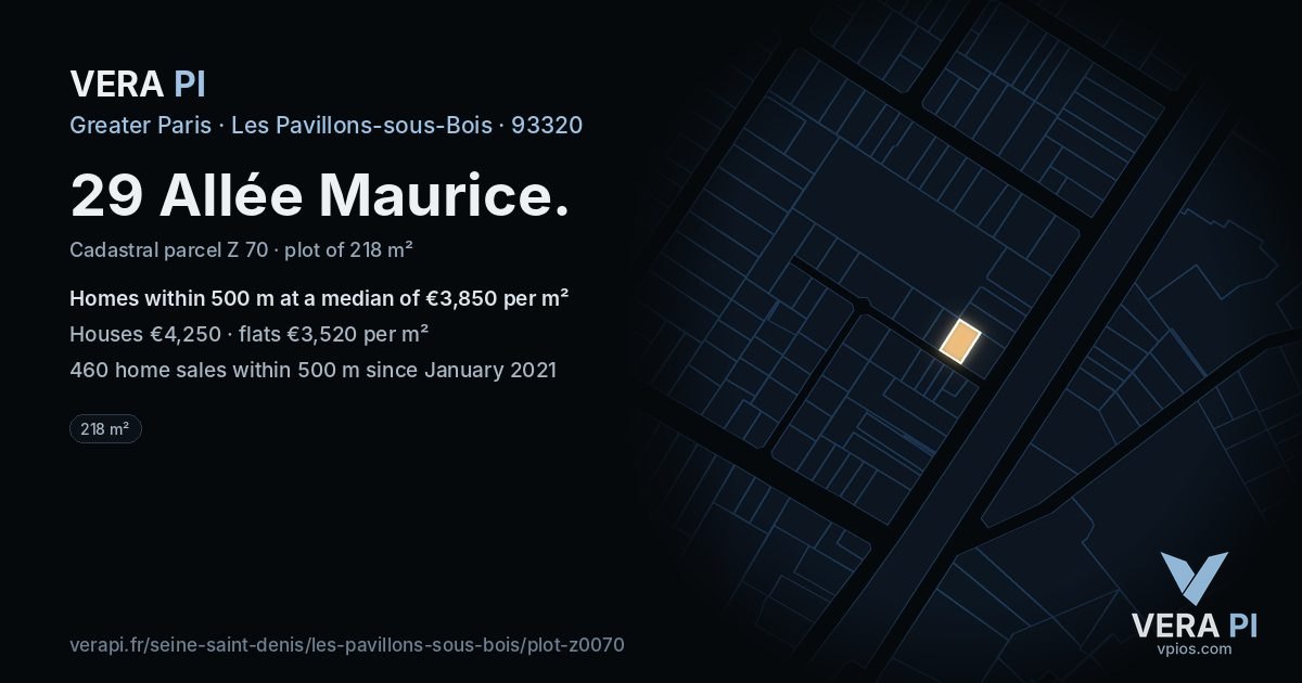 29 Allée Maurice, Les Pavillons-sous-Bois at night – the plot lit, the parcels around coloured by the prices near them