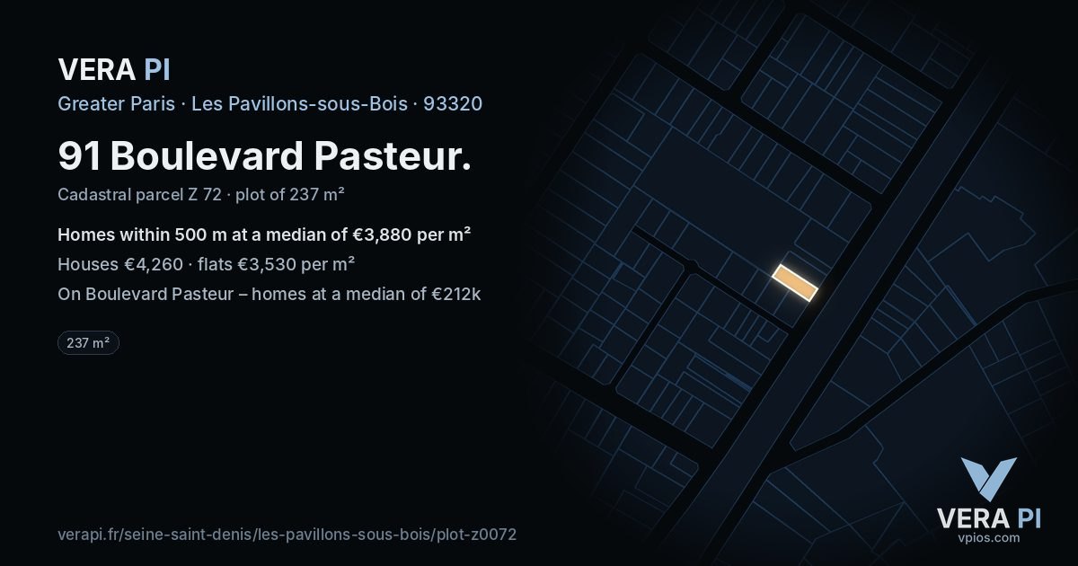 91 Boulevard Pasteur, Les Pavillons-sous-Bois at night – the plot lit, the parcels around coloured by the prices near them
