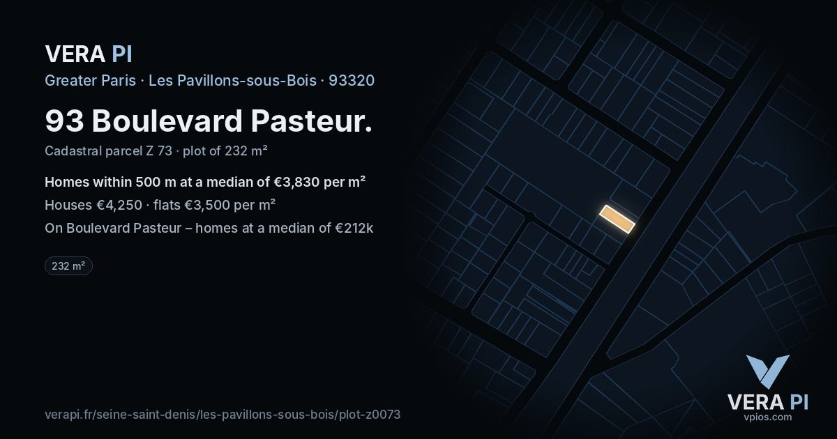 93 Boulevard Pasteur, Les Pavillons-sous-Bois at night – the plot lit, the parcels around coloured by the prices near them