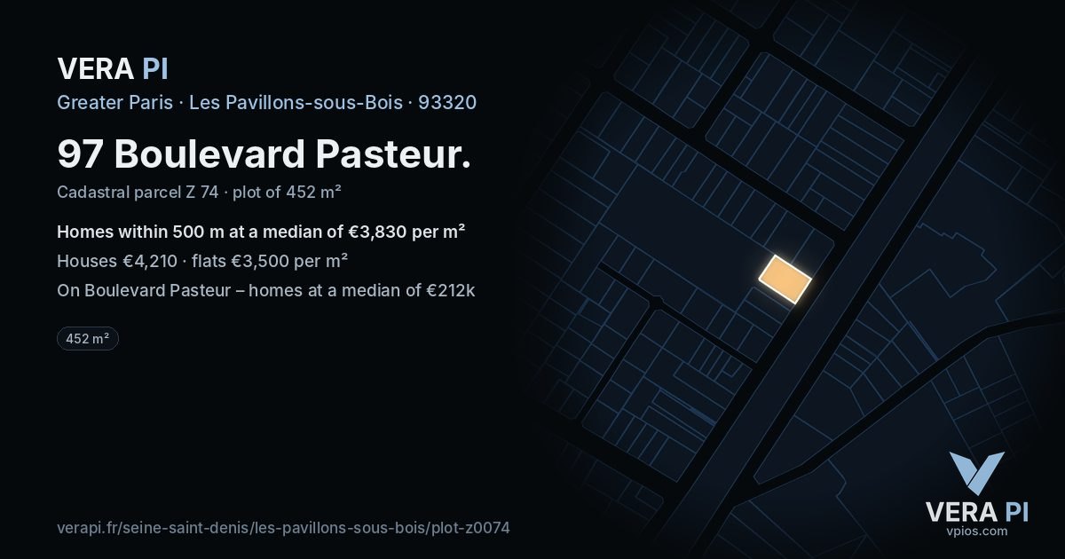 97 Boulevard Pasteur, Les Pavillons-sous-Bois at night – the plot lit, the parcels around coloured by the prices near them
