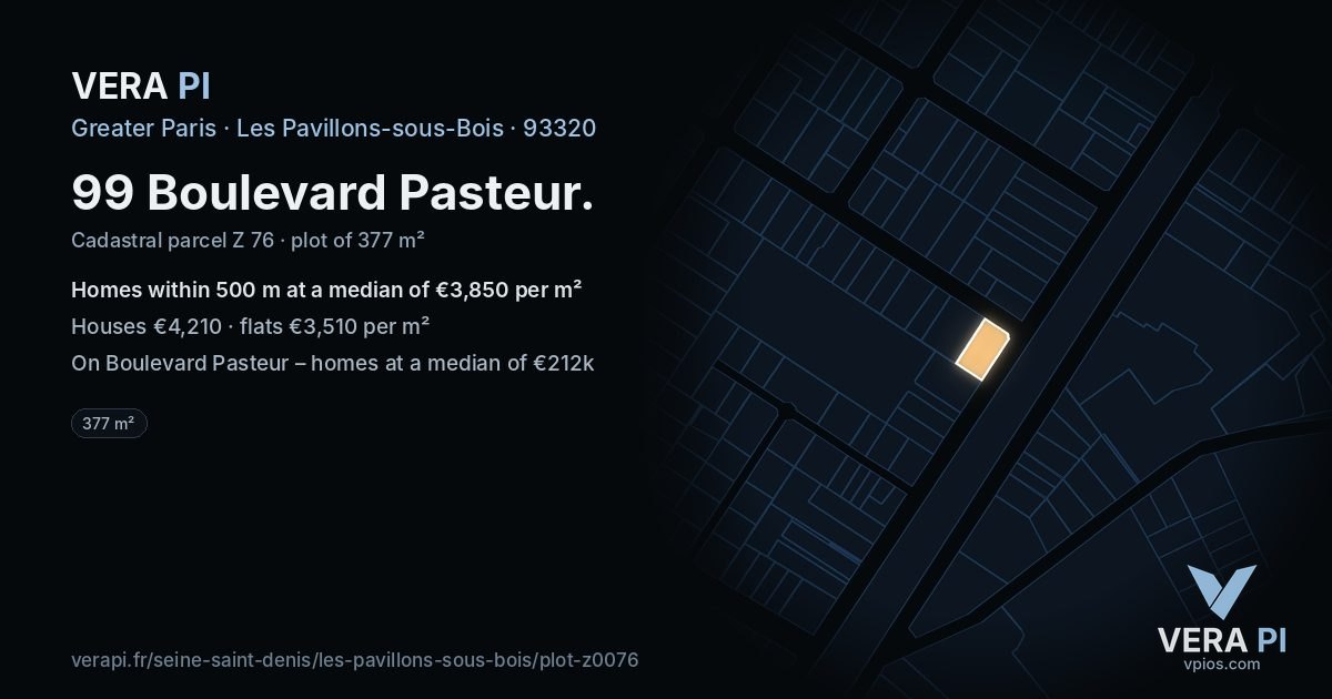 99 Boulevard Pasteur, Les Pavillons-sous-Bois at night – the plot lit, the parcels around coloured by the prices near them