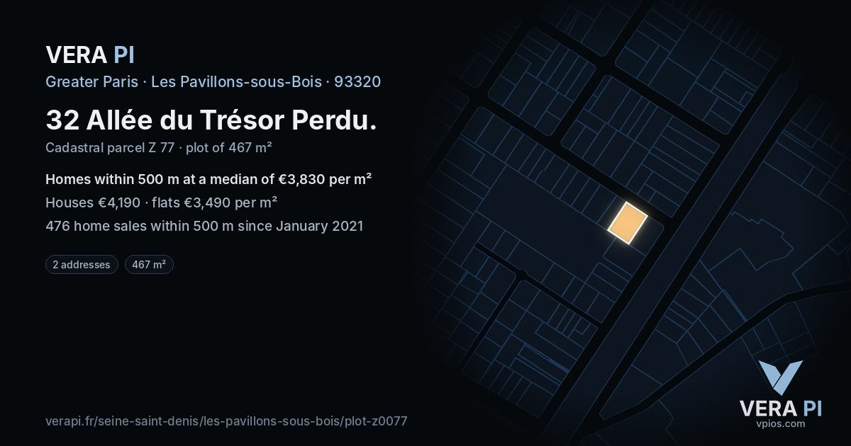 32 Allée du Trésor Perdu, Les Pavillons-sous-Bois at night – the plot lit, the parcels around coloured by the prices near them