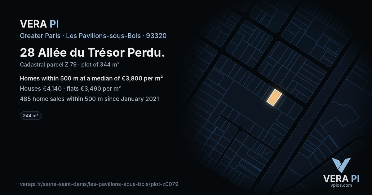 28 Allée du Trésor Perdu, Les Pavillons-sous-Bois at night – the plot lit, the parcels around coloured by the prices near them