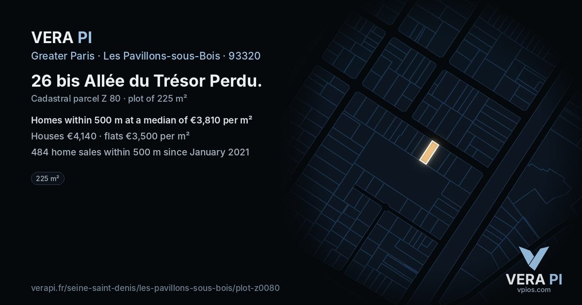 26 bis Allée du Trésor Perdu, Les Pavillons-sous-Bois at night – the plot lit, the parcels around coloured by the prices near them