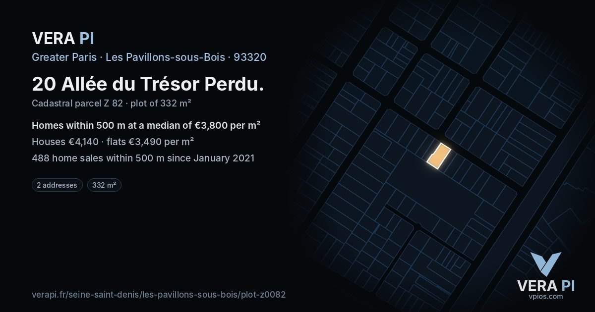 20 Allée du Trésor Perdu, Les Pavillons-sous-Bois at night – the plot lit, the parcels around coloured by the prices near them