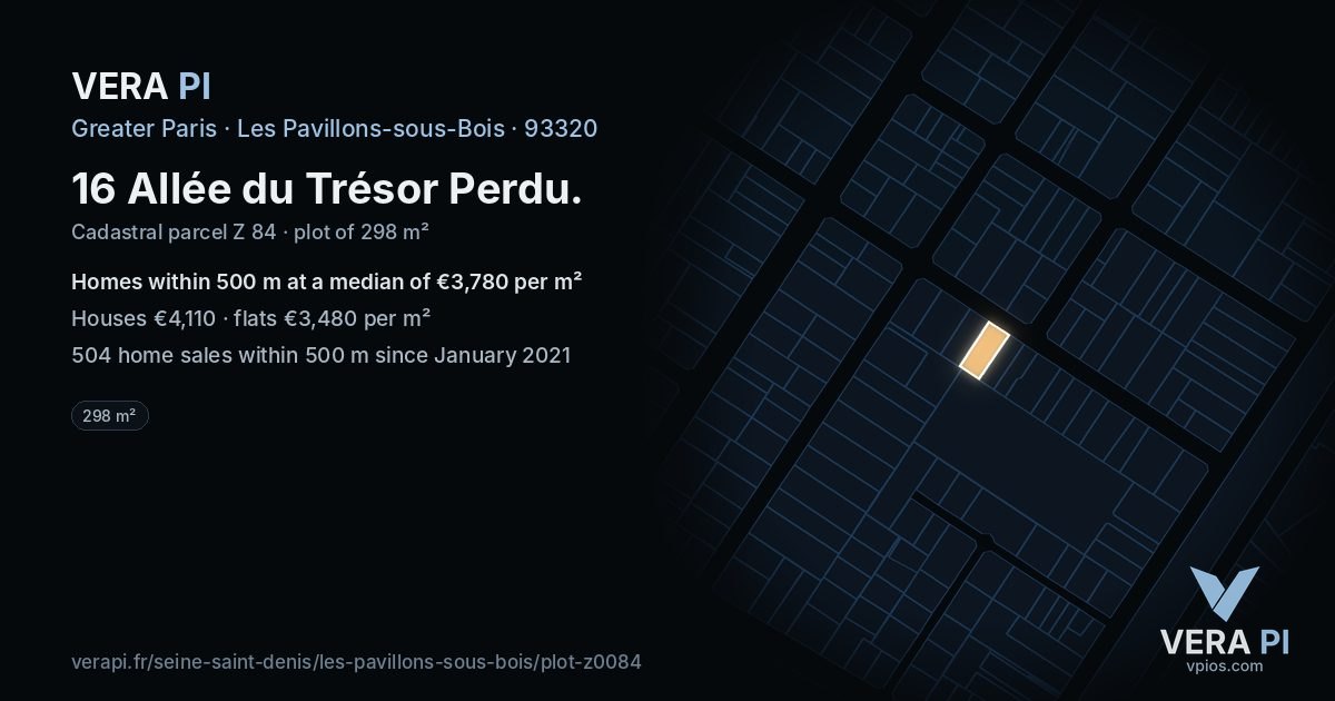 16 Allée du Trésor Perdu, Les Pavillons-sous-Bois at night – the plot lit, the parcels around coloured by the prices near them