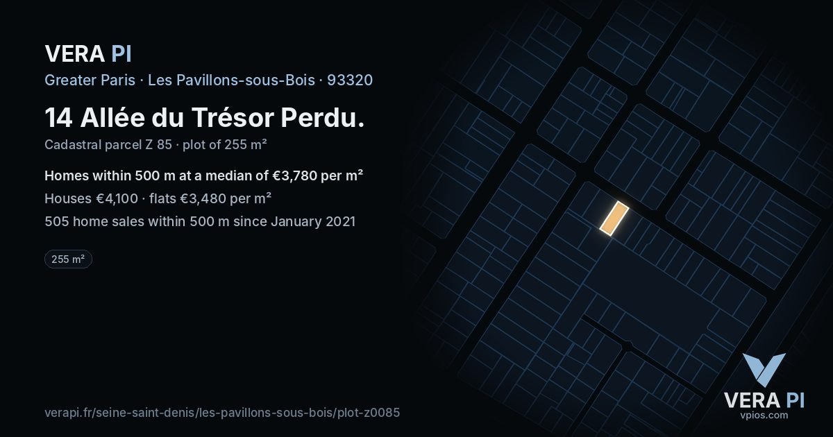 14 Allée du Trésor Perdu, Les Pavillons-sous-Bois at night – the plot lit, the parcels around coloured by the prices near them