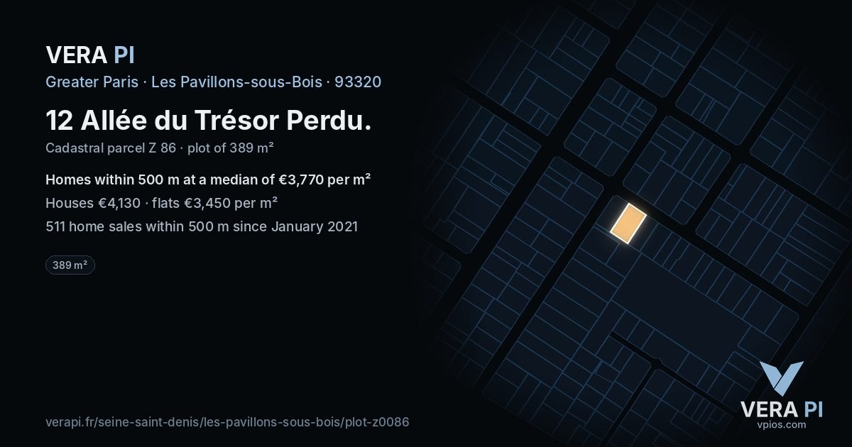 12 Allée du Trésor Perdu, Les Pavillons-sous-Bois at night – the plot lit, the parcels around coloured by the prices near them