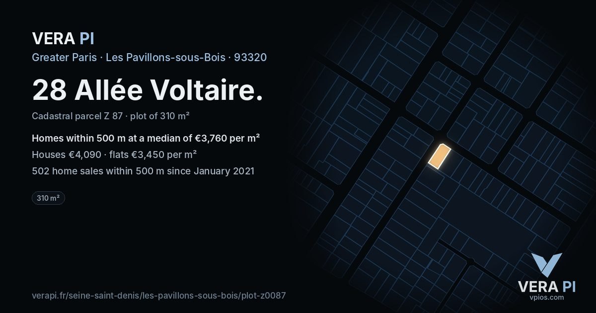 28 Allée Voltaire, Les Pavillons-sous-Bois at night – the plot lit, the parcels around coloured by the prices near them