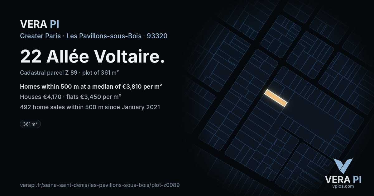 22 Allée Voltaire, Les Pavillons-sous-Bois at night – the plot lit, the parcels around coloured by the prices near them