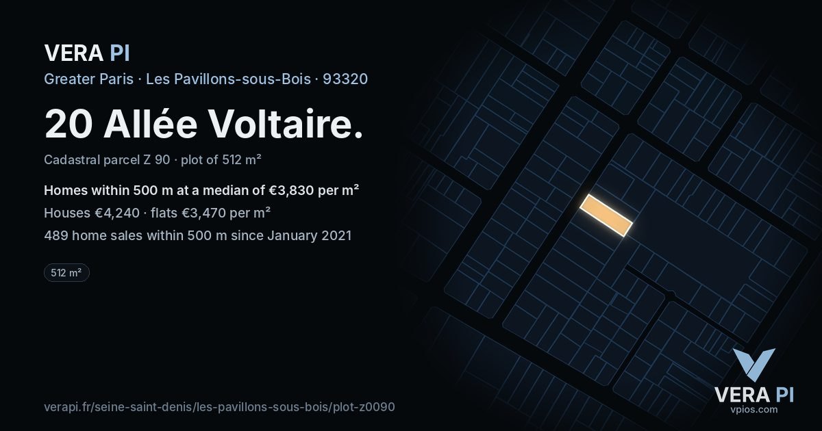 20 Allée Voltaire, Les Pavillons-sous-Bois at night – the plot lit, the parcels around coloured by the prices near them