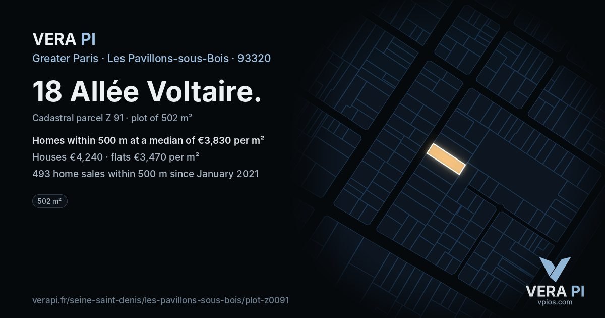 18 Allée Voltaire, Les Pavillons-sous-Bois at night – the plot lit, the parcels around coloured by the prices near them