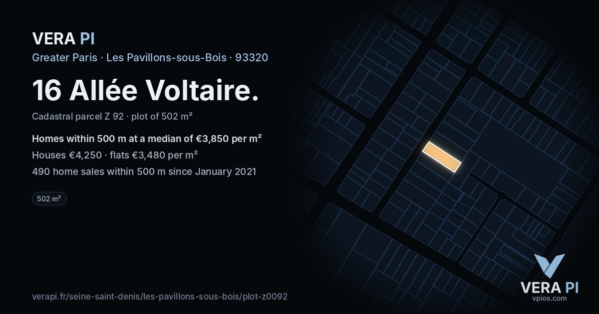 16 Allée Voltaire, Les Pavillons-sous-Bois at night – the plot lit, the parcels around coloured by the prices near them