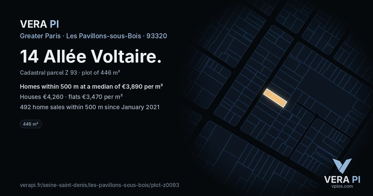14 Allée Voltaire, Les Pavillons-sous-Bois at night – the plot lit, the parcels around coloured by the prices near them