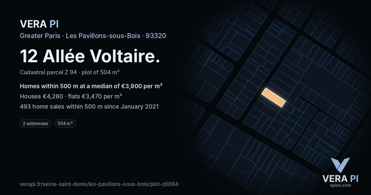 12 Allée Voltaire, Les Pavillons-sous-Bois at night – the plot lit, the parcels around coloured by the prices near them
