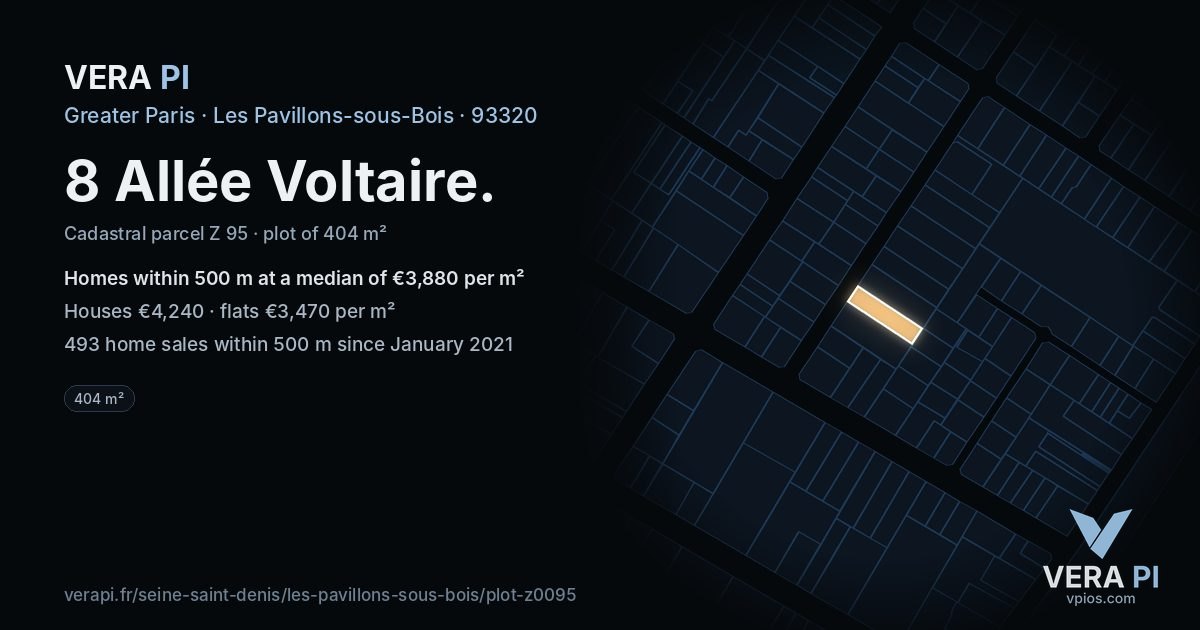 8 Allée Voltaire, Les Pavillons-sous-Bois at night – the plot lit, the parcels around coloured by the prices near them