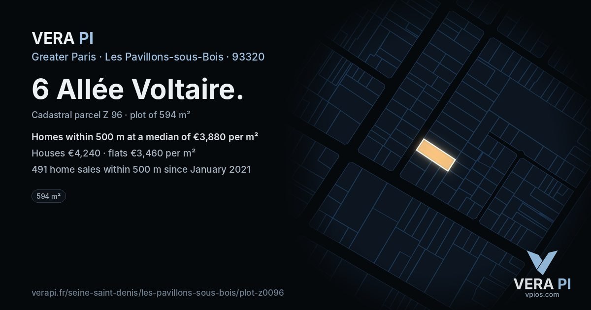 6 Allée Voltaire, Les Pavillons-sous-Bois at night – the plot lit, the parcels around coloured by the prices near them