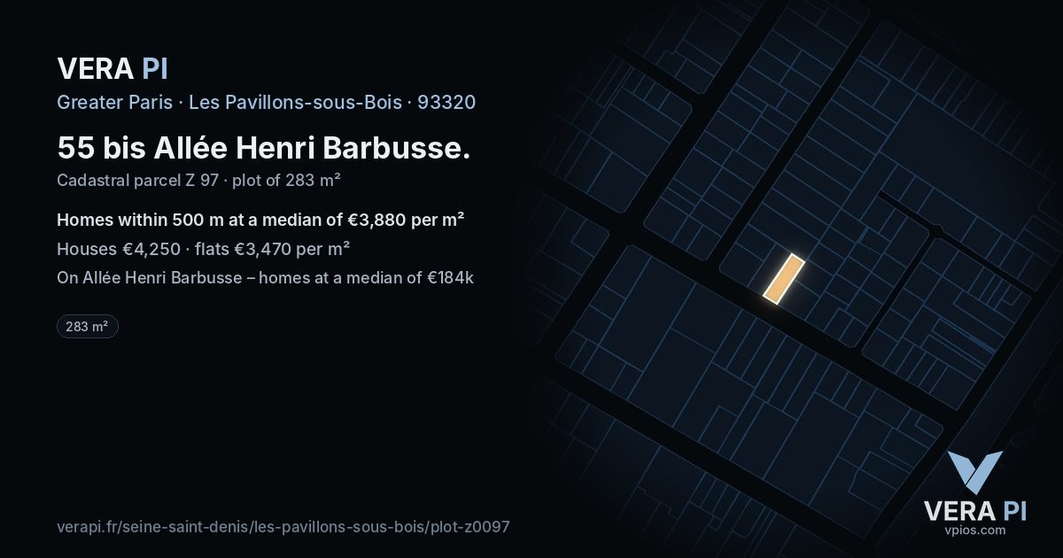 55 bis Allée Henri Barbusse, Les Pavillons-sous-Bois at night – the plot lit, the parcels around coloured by the prices near them