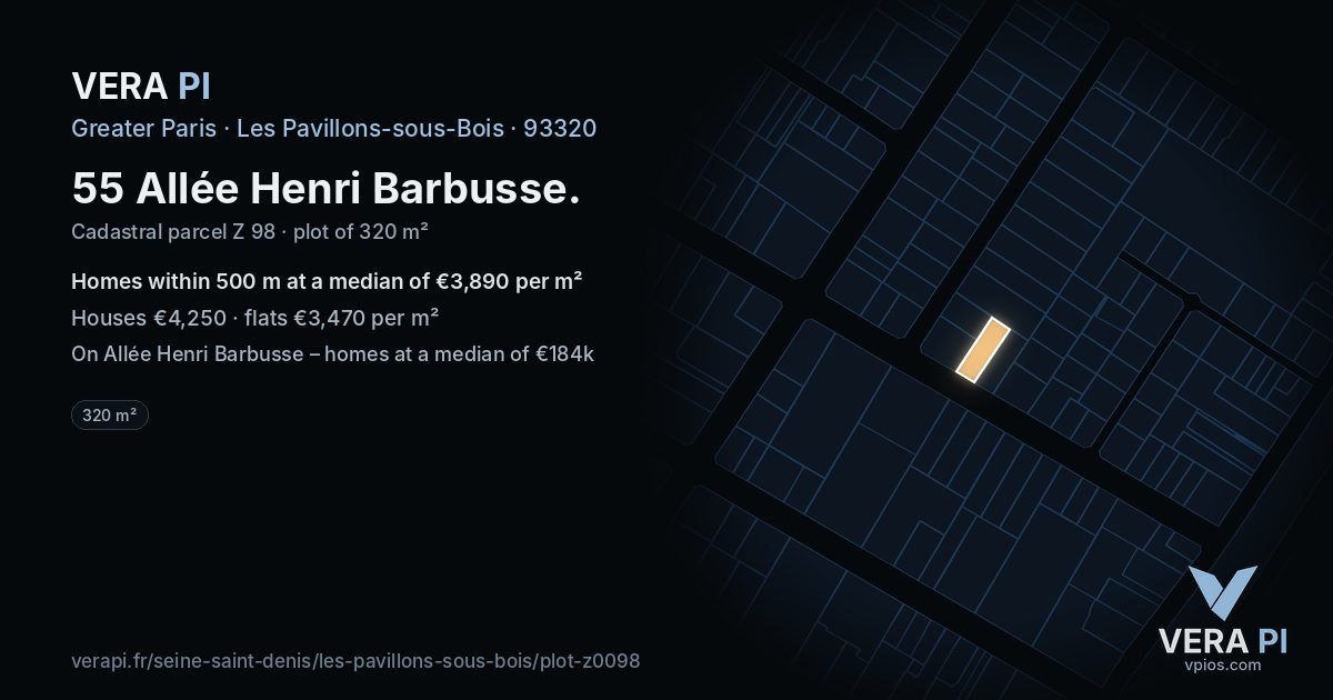 55 Allée Henri Barbusse, Les Pavillons-sous-Bois at night – the plot lit, the parcels around coloured by the prices near them