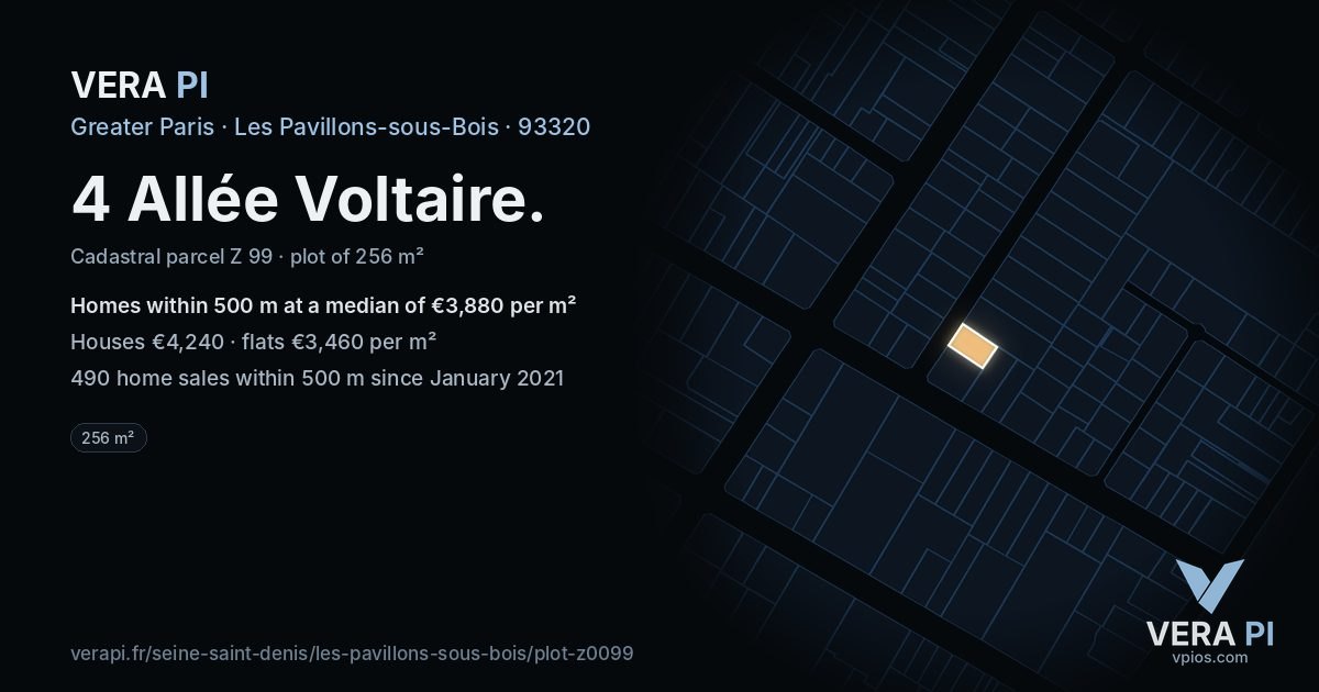 4 Allée Voltaire, Les Pavillons-sous-Bois at night – the plot lit, the parcels around coloured by the prices near them