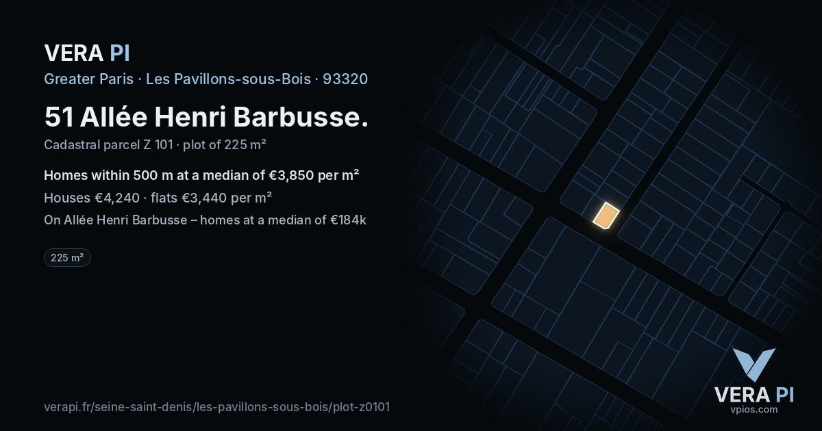 51 Allée Henri Barbusse, Les Pavillons-sous-Bois at night – the plot lit, the parcels around coloured by the prices near them