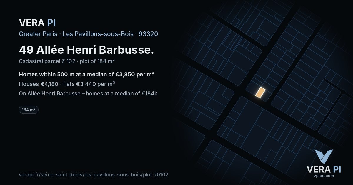 49 Allée Henri Barbusse, Les Pavillons-sous-Bois at night – the plot lit, the parcels around coloured by the prices near them
