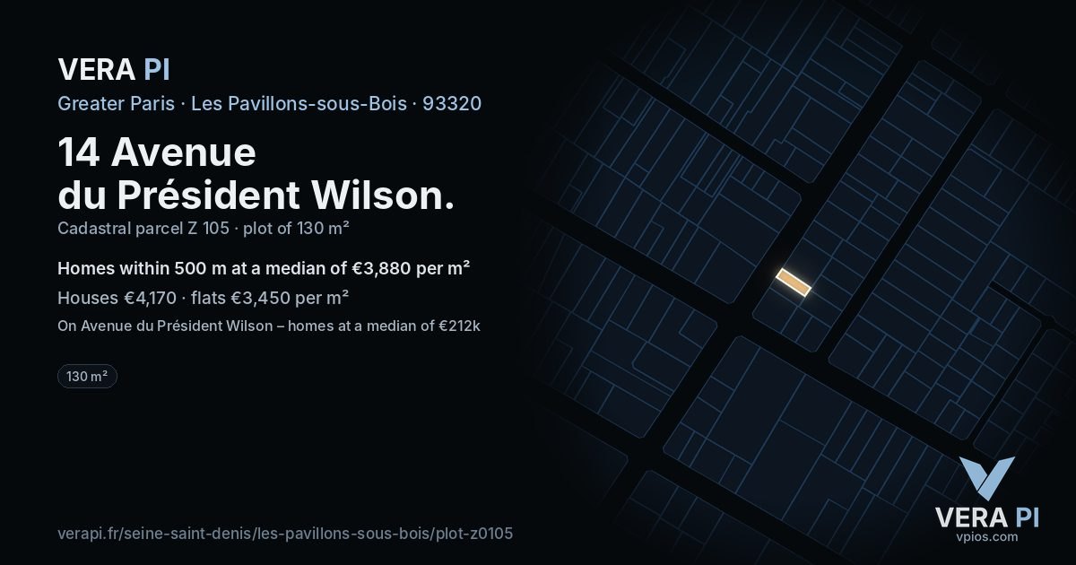14 Avenue du Président Wilson, Les Pavillons-sous-Bois at night – the plot lit, the parcels around coloured by the prices near them