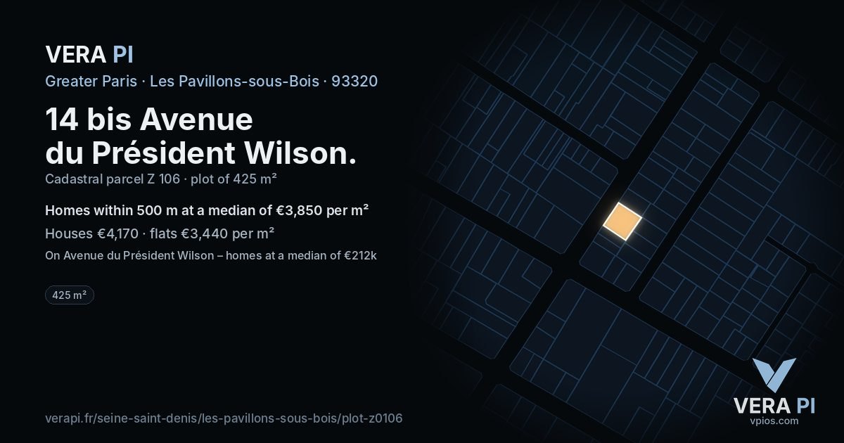 14 bis Avenue du Président Wilson, Les Pavillons-sous-Bois at night – the plot lit, the parcels around coloured by the prices near them