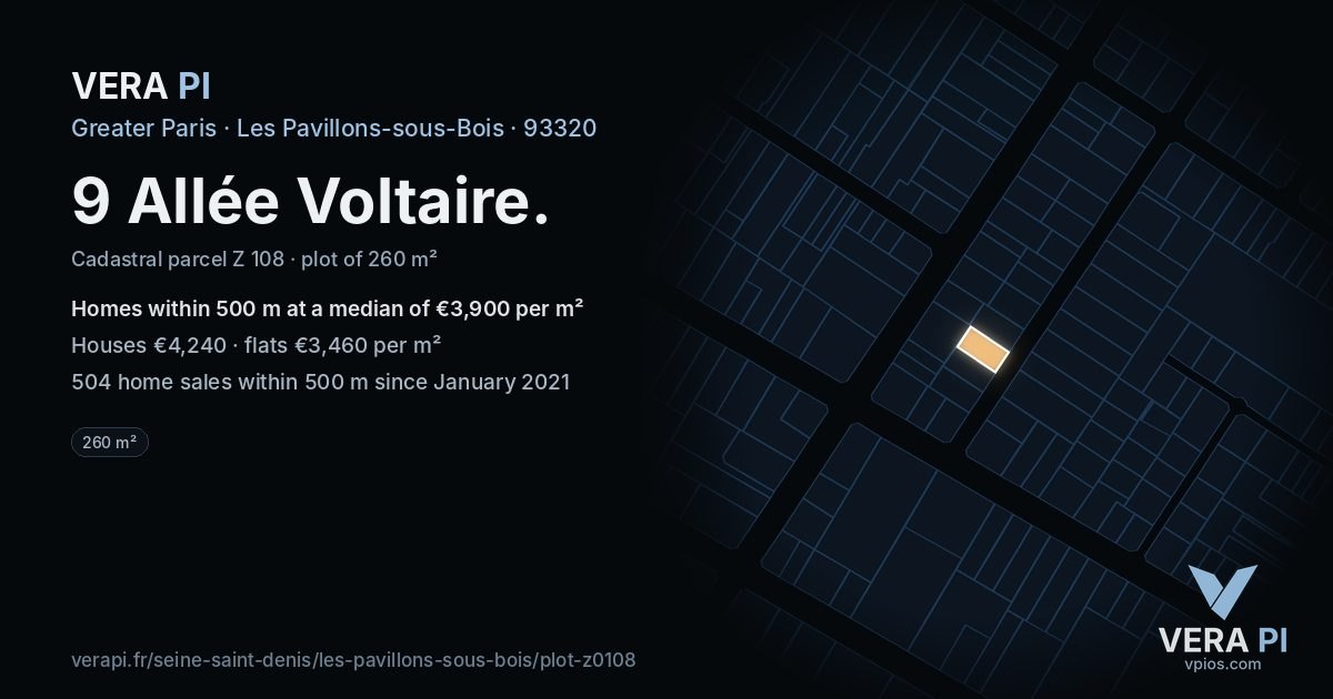 9 Allée Voltaire, Les Pavillons-sous-Bois at night – the plot lit, the parcels around coloured by the prices near them