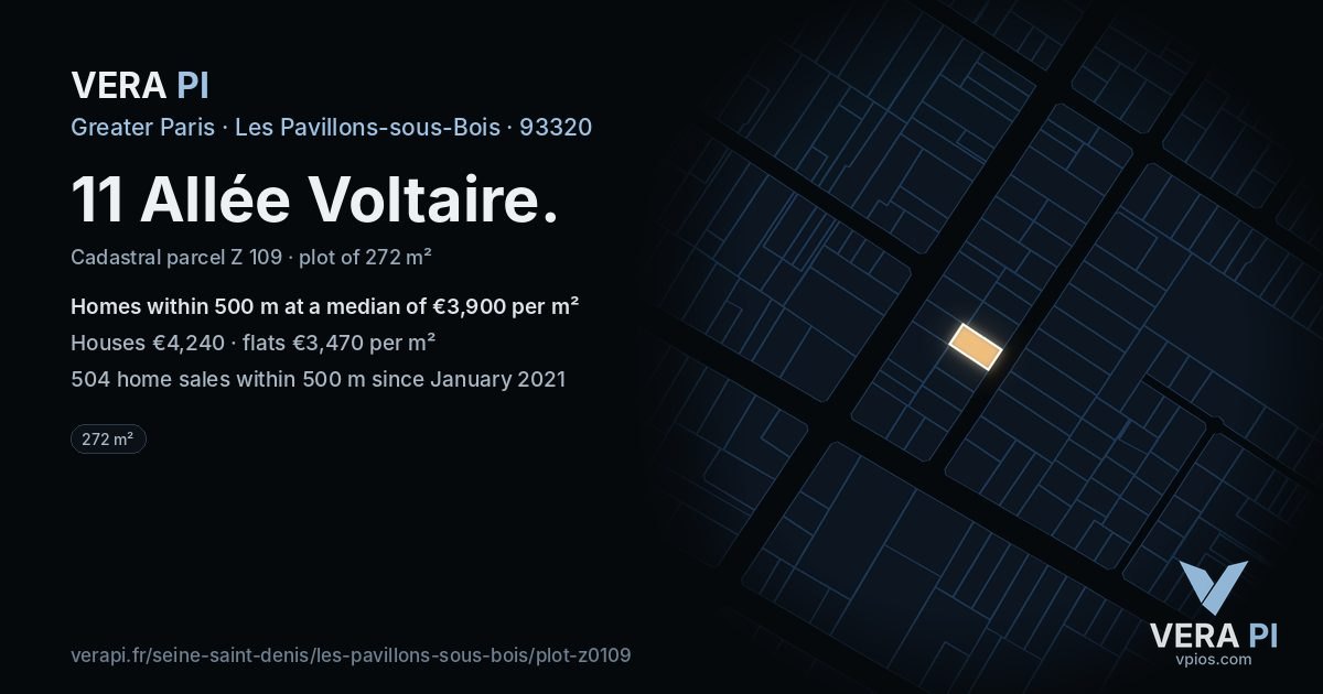 11 Allée Voltaire, Les Pavillons-sous-Bois at night – the plot lit, the parcels around coloured by the prices near them